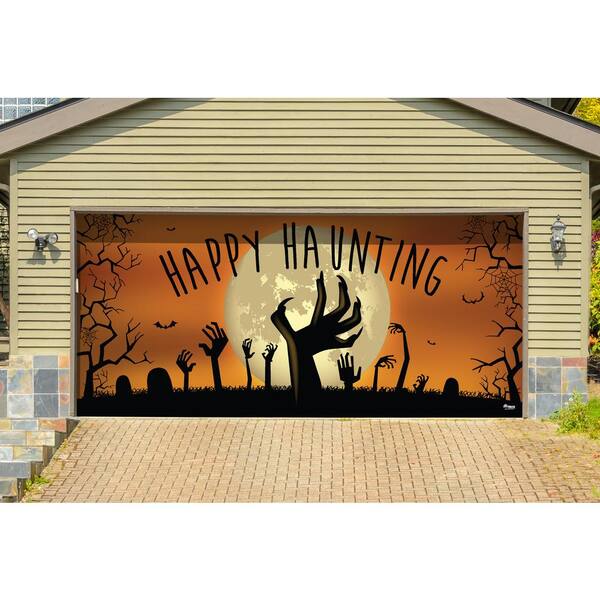 7 ft. x 16 ft. Happy Haunting Graveyard Zombie Hands Halloween Garage Door Decor Mural for Double Car Garage