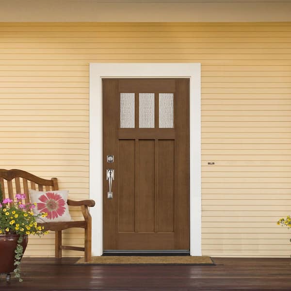 36 in. x 80 in. Medium Oak Right-Hand Inswing 3 Lite Water Wave Craftsman Stained Fiberglass Prehung Front Door