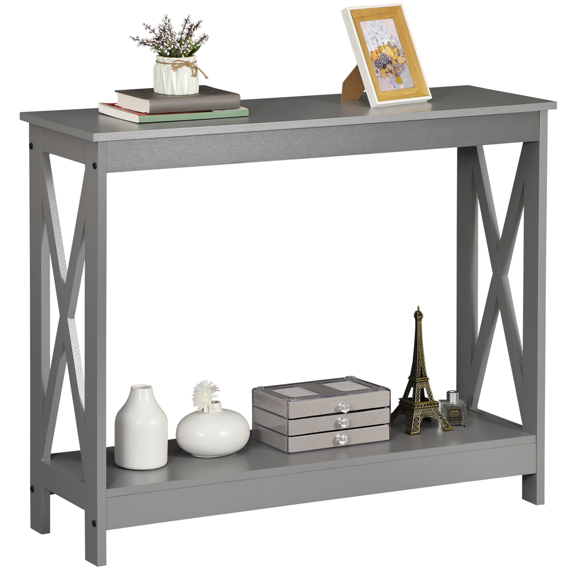 HomGarden Modern Narrow Console Table 2-Shelves Wooden Sofa Side Table Home Office, Gray
