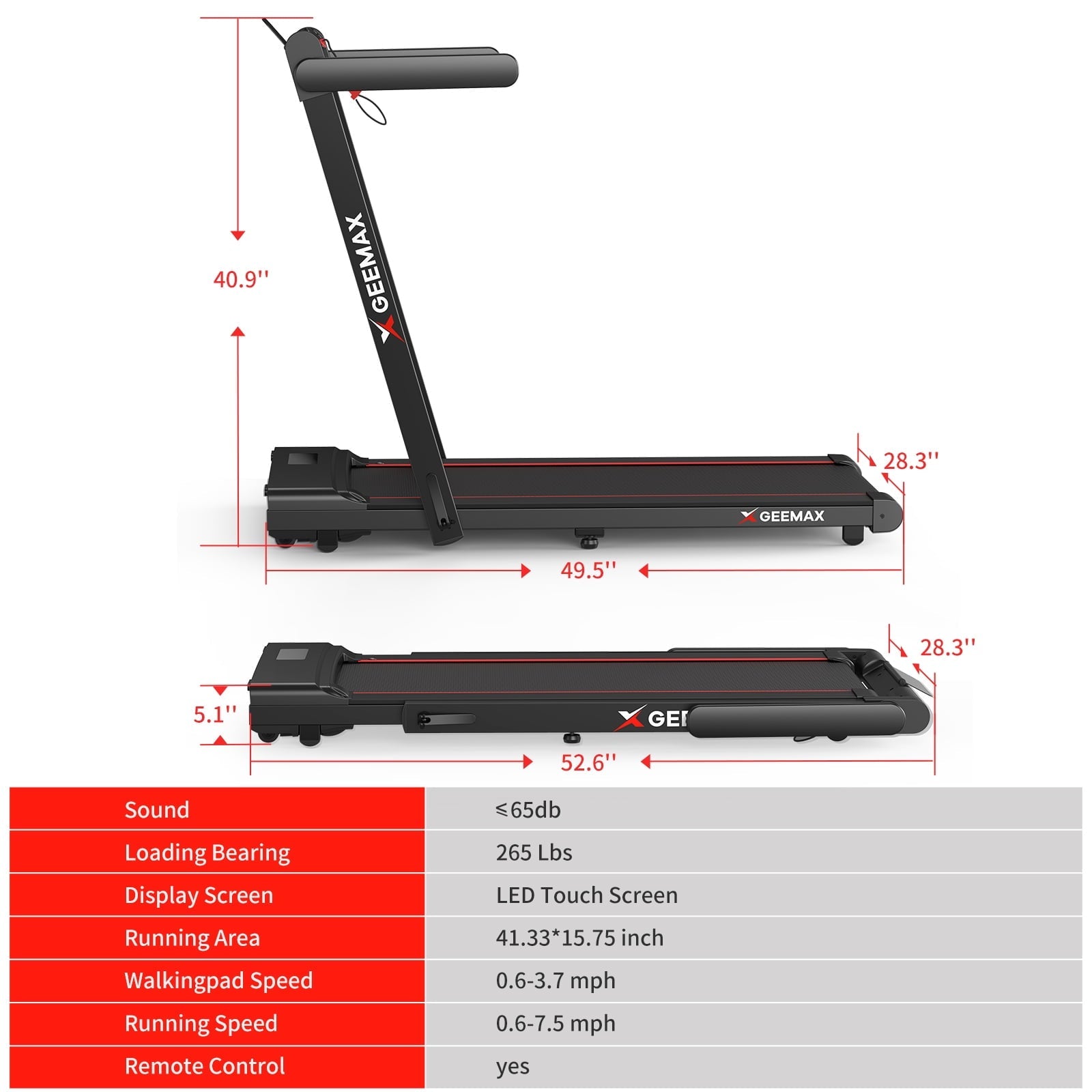 GEEMAX 3.0HP 2 in 1 Dual Display Folding Treadmill Under Desk Treadmill W/APP and 12 Pre-Set Fitness Exercise Programs & Remote Control Electric Treadmill Jogging Machine , 265 lb Capacity 0.6-7.5MPH