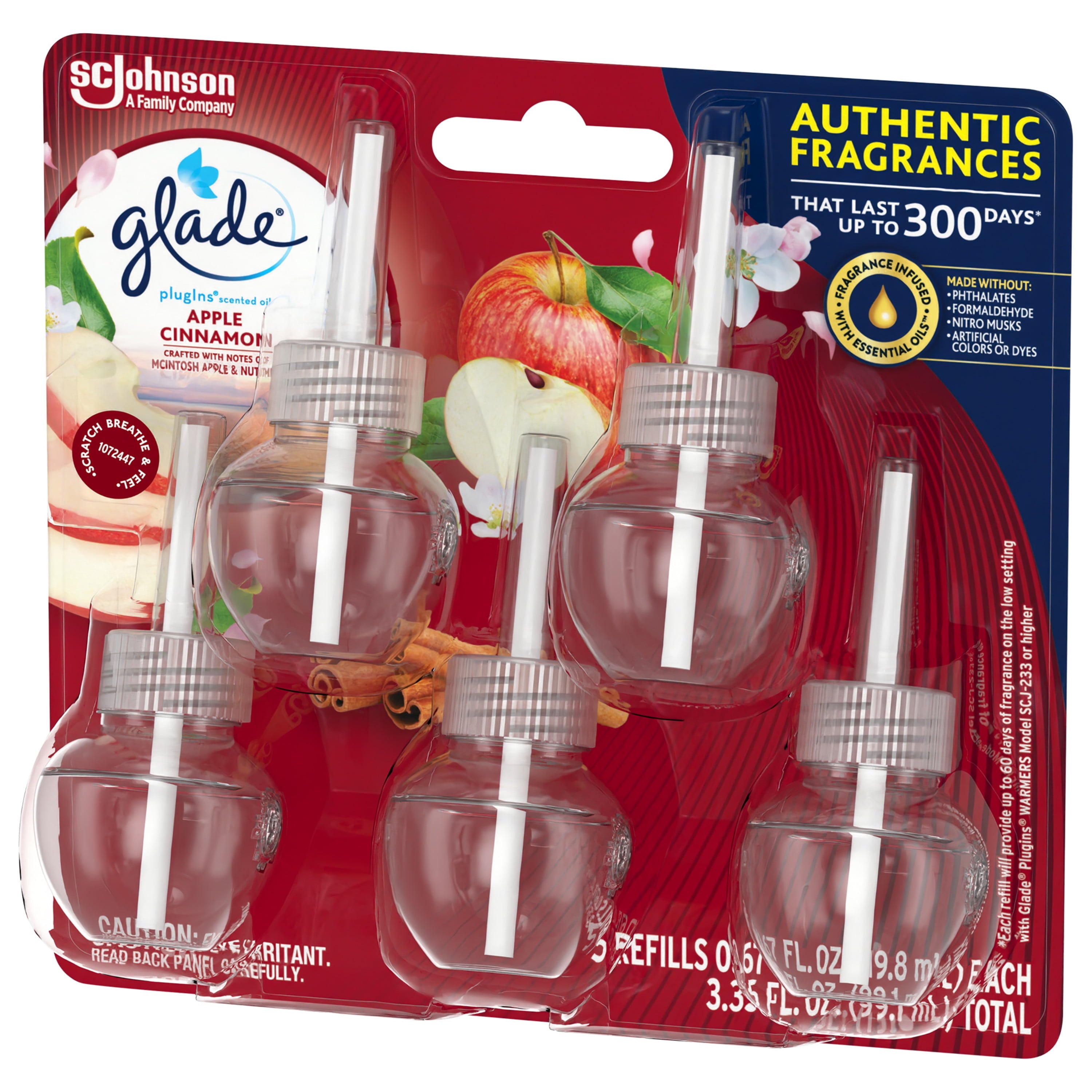 Glade PlugIns Refill 5 ct, Apple Cinnamon, 3.35 FL. oz. Total, Scented Oil Air Freshener