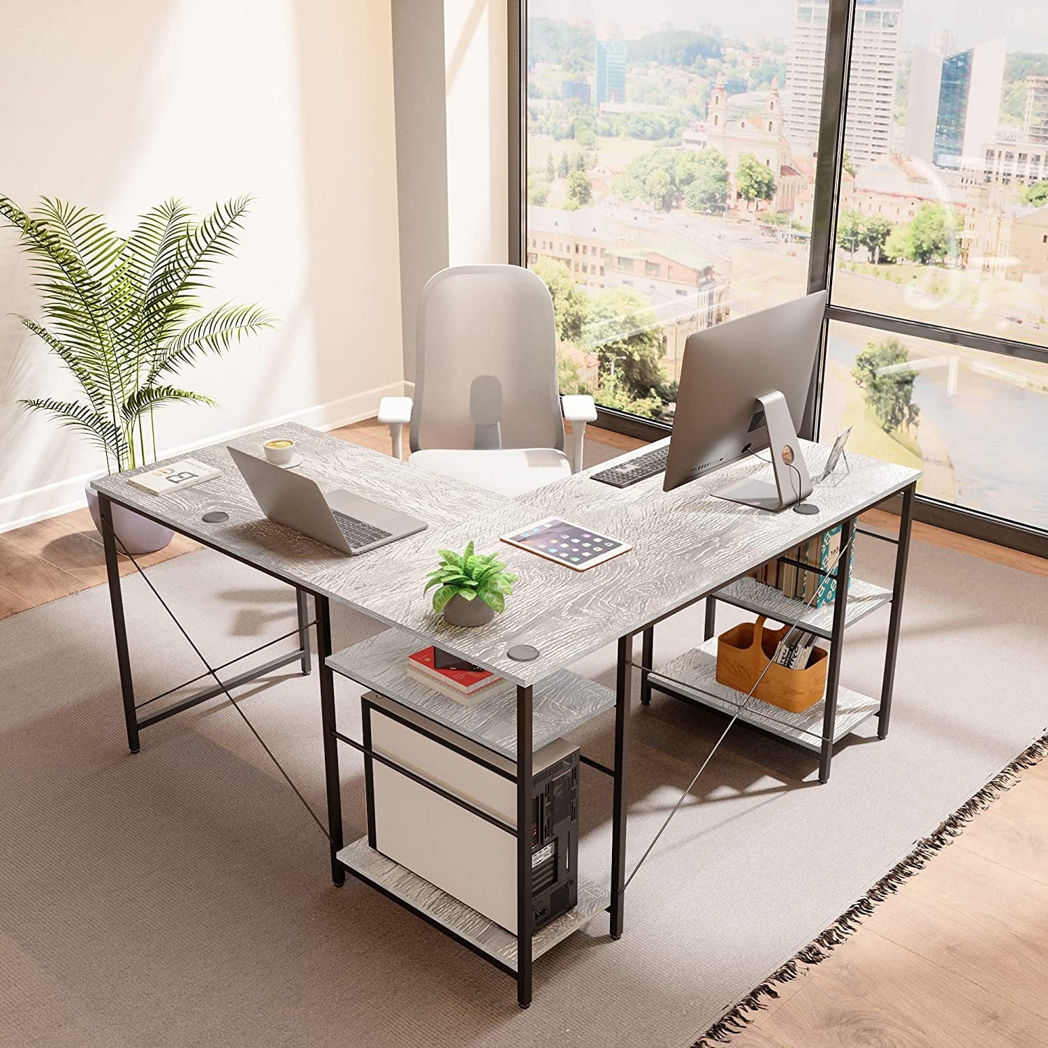 Bestier 86.6 inch Reversible L Shaped Desk with Shelves Grey