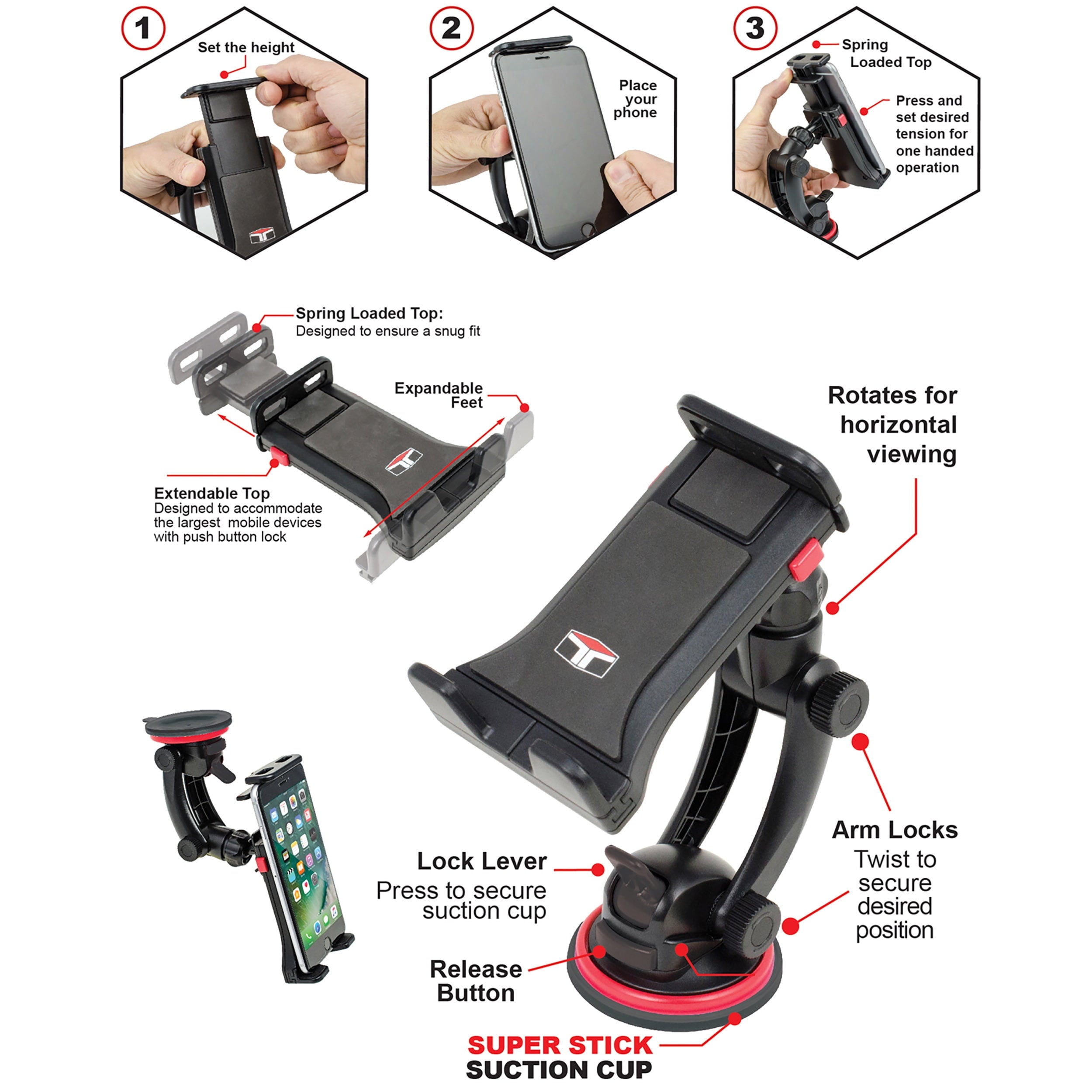 Tuff Tech Super Stick Universal Car Mount Phone Holder Desk Stand with Suction Cup Base and Adjustable Arm for -iPhone, Samsung, LG, Moto, Huawei, Smartphones