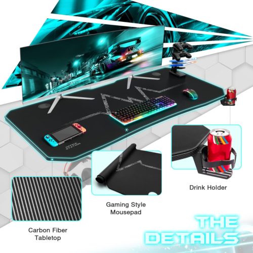 Gaming Desk T-Shaped Pc Computer Table with Carbon Fiber Surface Free Mouse Pad