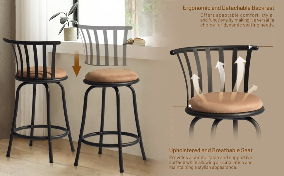 Homy Casa 24'' Swivel Counter Height Bar Stools Set of 2, Faux Leather Upholstered, Brown