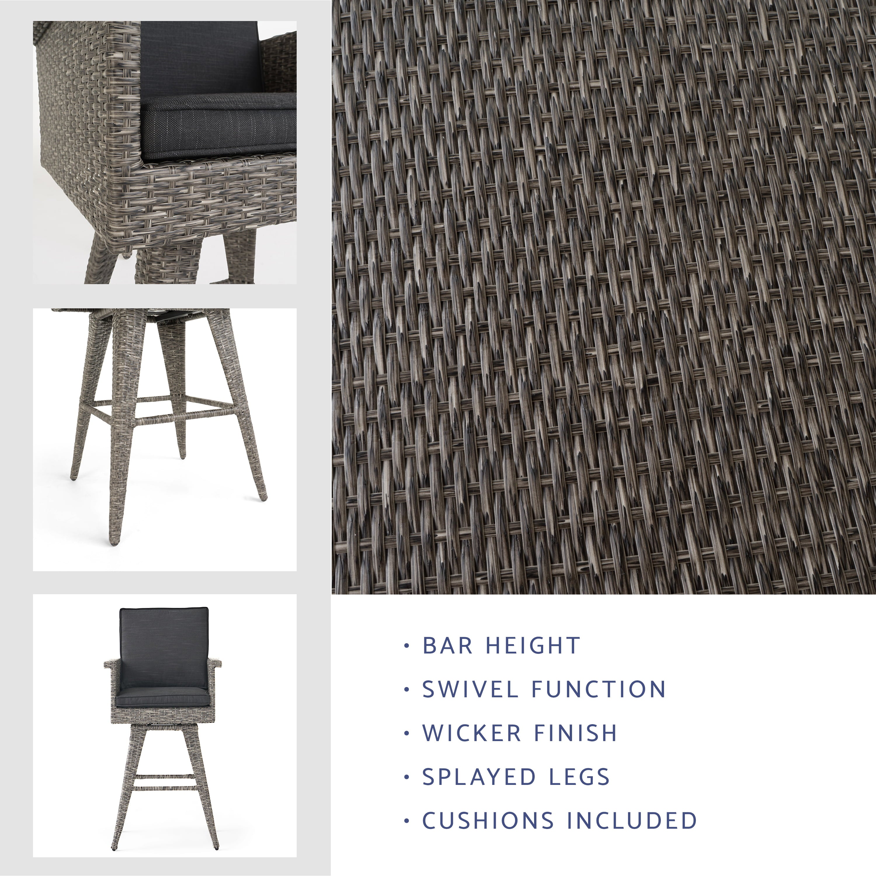 GDF Studio Venice Outdoor Wicker 28 Inch Swivel Barstool with Cushions, Mixed Black and Dark Gray