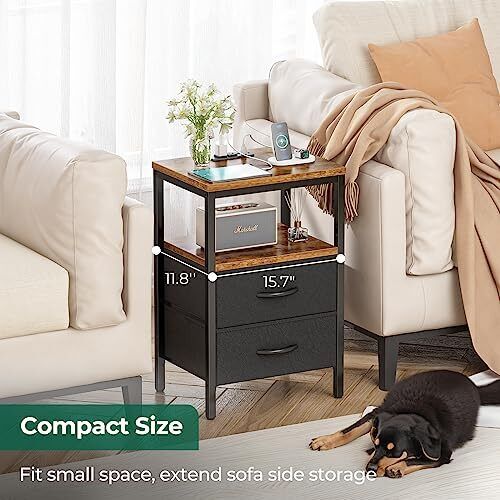 END TABLE with Charging Station Drawer Nightstand Bedside Rustic Brown HUUGER