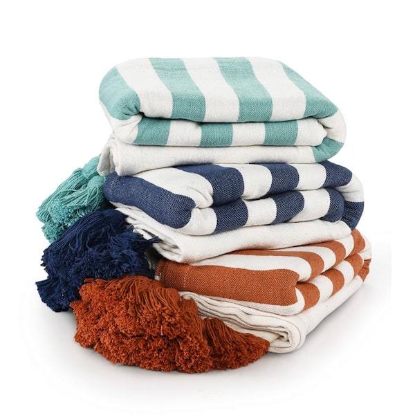 Bay Navy Blue/White Hand-Woven Striped Coastal Organic Cotton Throw Blanket