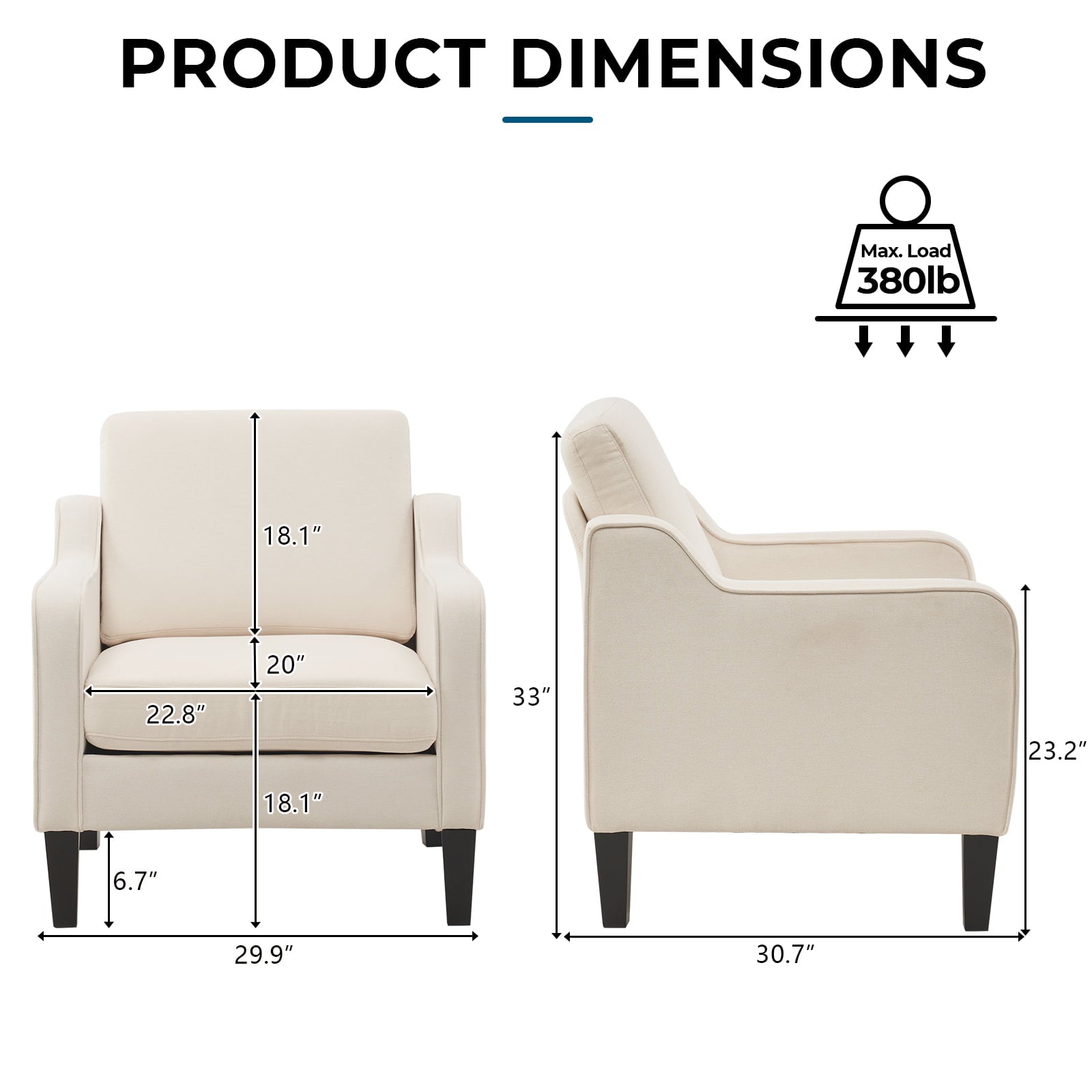 VINGLI Mid-century Modern Accent Chair,Beige Fabric Accent Chair for Living Room Upholstered Armchair with Scooped Arms for Bedroom,Apartment,Studio,Office,Waiting Room