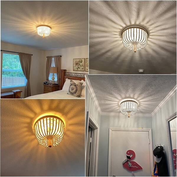 12.6 in. 3-Light Bohemia Antique White Wood Beaded Flush Mount Ceiling Light with Brown Rope Tassel
