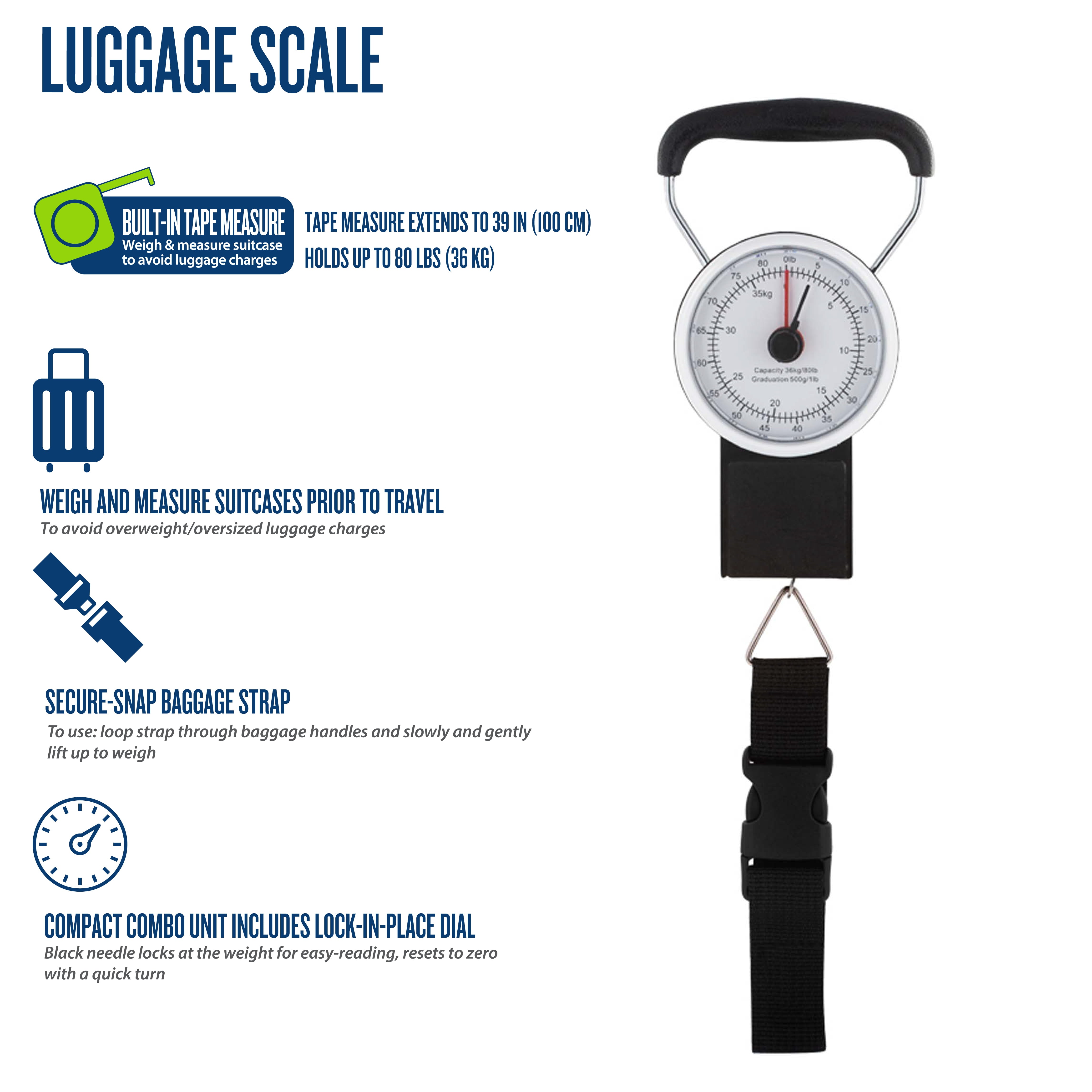 Protege Manual Travel Luggage Scale with Strap, 80lb Capacity, Metal - (4.5 x 3 x 1.2