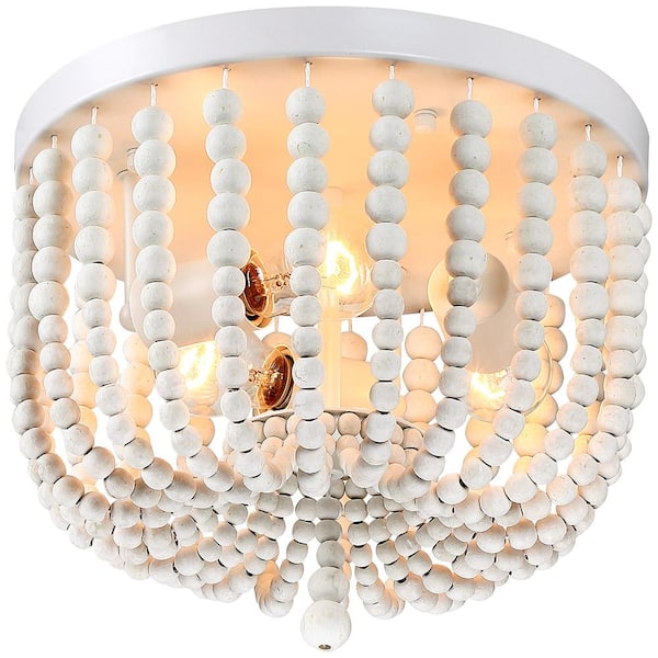 12.6 in. 3-Light Bohemia Antique White Wood Beaded Flush Mount Ceiling Light