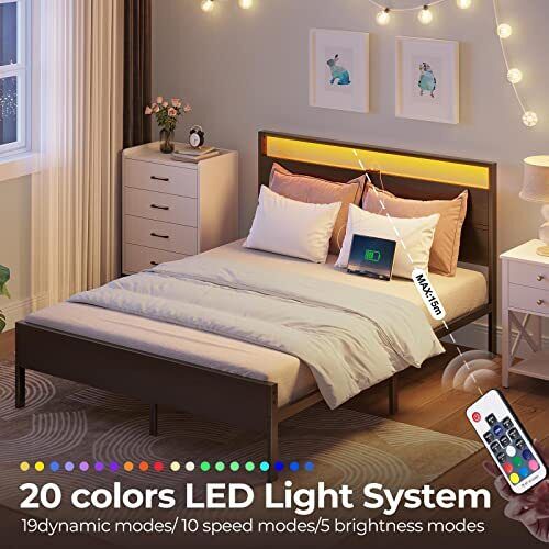 Rolanstar Bed Frame with Charging Station Queen Bed with LED Lights Headboard...