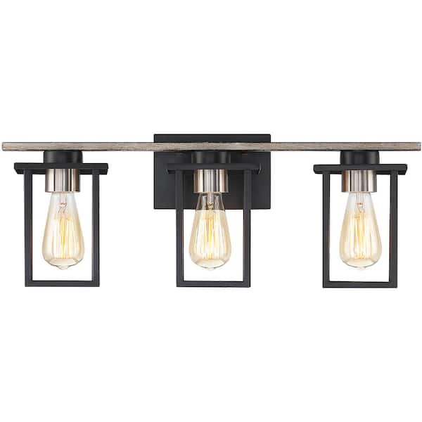 24.4 in. 3-Light Matt Black/Wood Tone Rustic Farmhouse Bathroom Vanity Light with Open Cage Shades