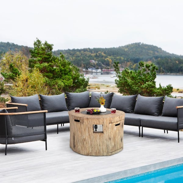 40 in. Stone Metal Round Propane Gas Fire Pit Table Wood-Like Surface with Laval Rock PVC Cover