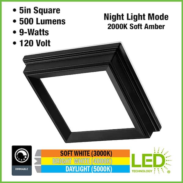 Low Profile 5 in. Matte Black Square LED Flush Mount with Night Light Feature J-box Compatible Dimmable (8-Pack)