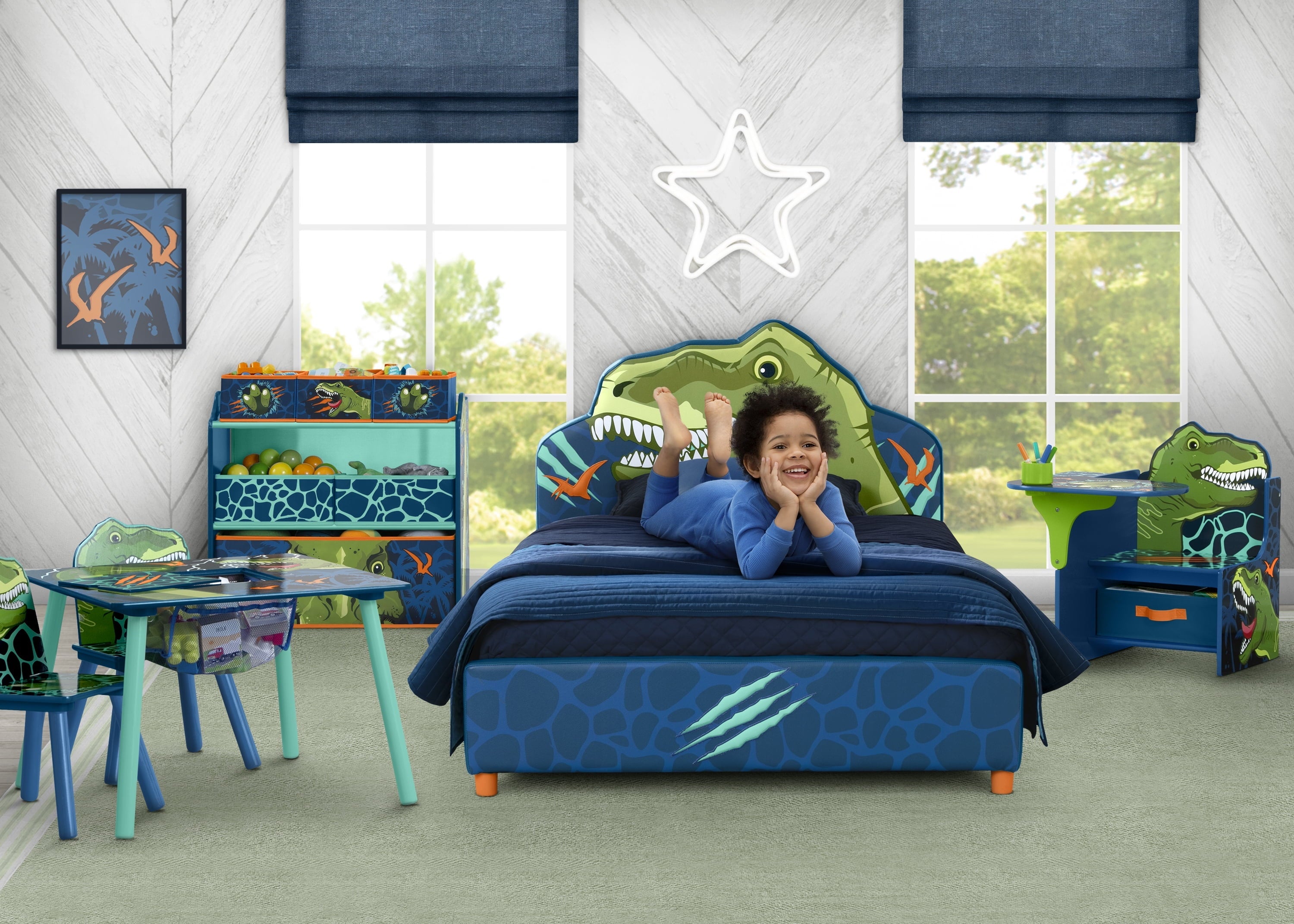 Delta Children Dinosaur Upholstered Twin Bed, Blue