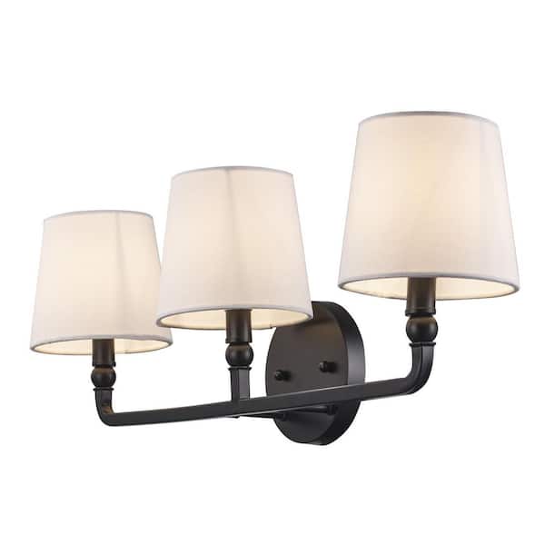Canterwood 24.88 in. 3-Light Black Bathroom Vanity Light Fixture with Tapered Fabric Shades