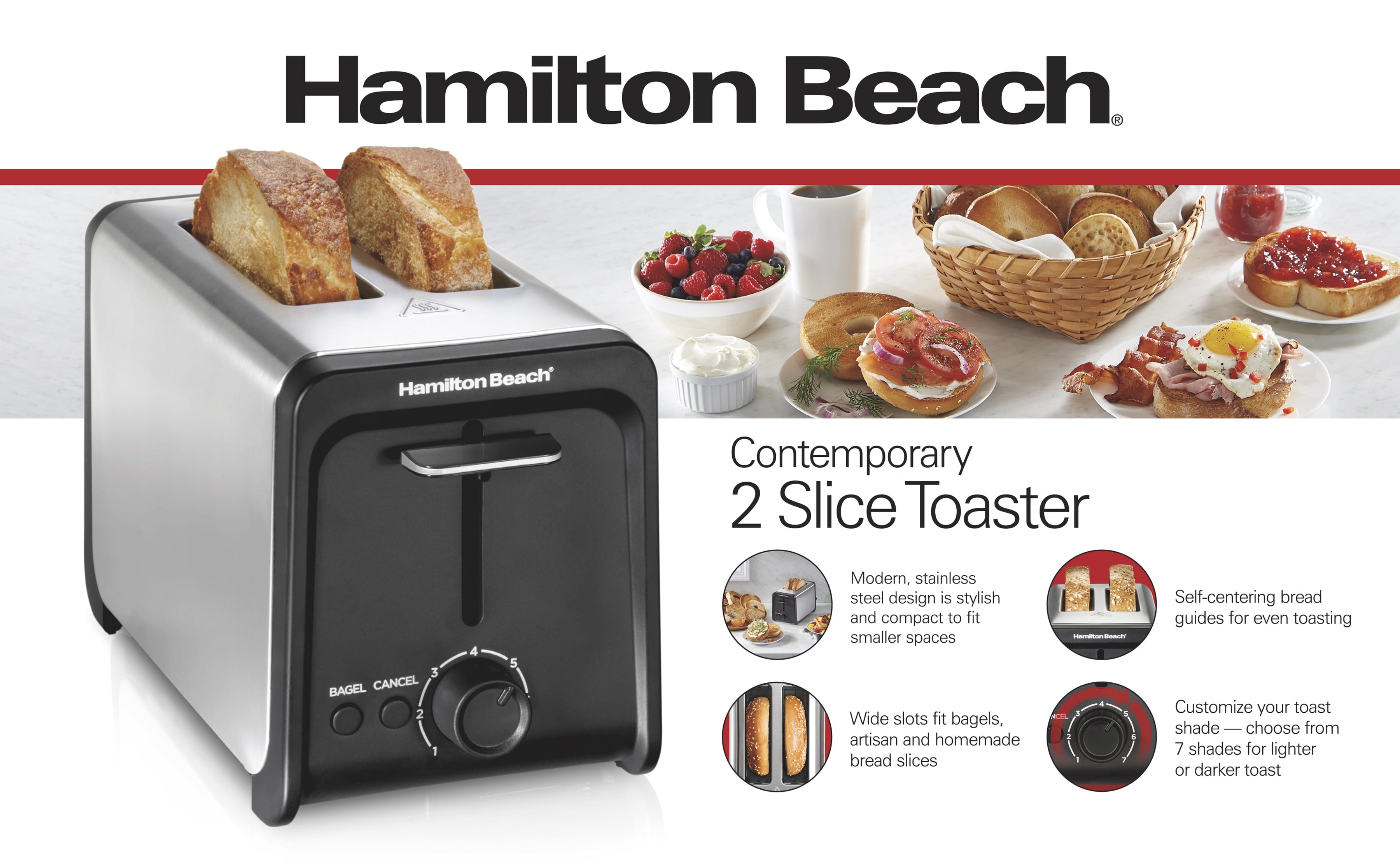 Hamilton Beach 2 Slice Toaster with Wide Slots, Bagel Function, Toast Boost, Stainless, New, 22997F