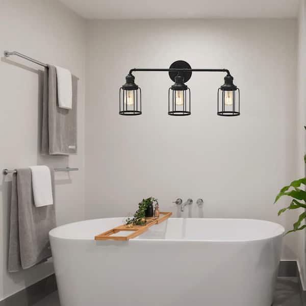 24 in. 3-Light Black Industrial Vanity with Metal Cage Wall Sconce