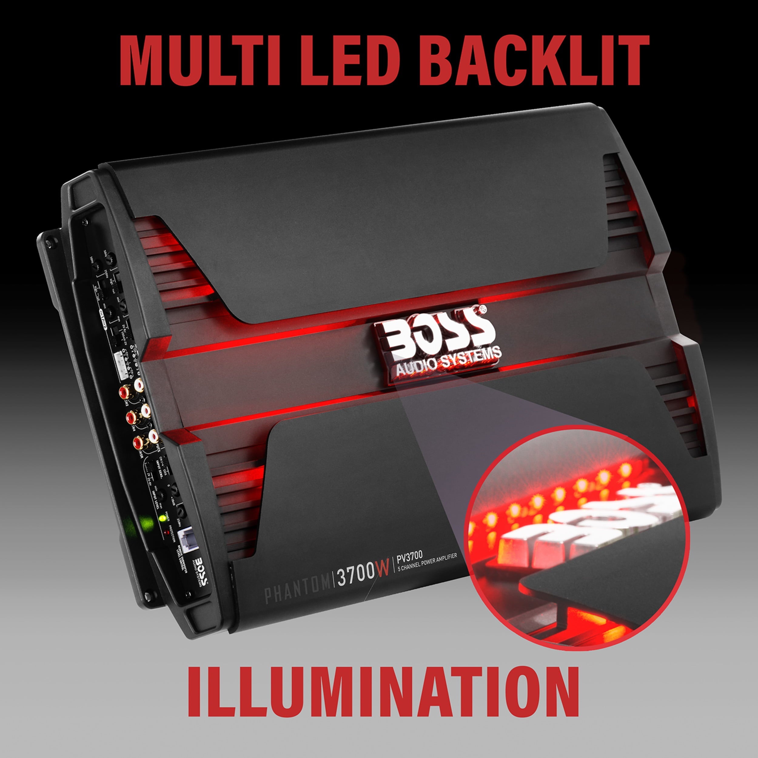 BOSS Audio Systems PV3700 5 Phantom Series Car Audio Amplifier – 3700 High Output, 5 Channel, 2/4 Ohm Stable, Low/High Level Inputs, High/Low Pass Crossover, Full Range, Bridgeable, Subwoofer