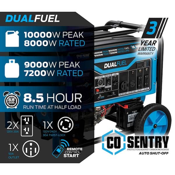 10,000/8,000 -Watt Dual-Fuel Gasoline and Propane with Recoil, Remote and Push to Start Portable Generator, CO Shutoff