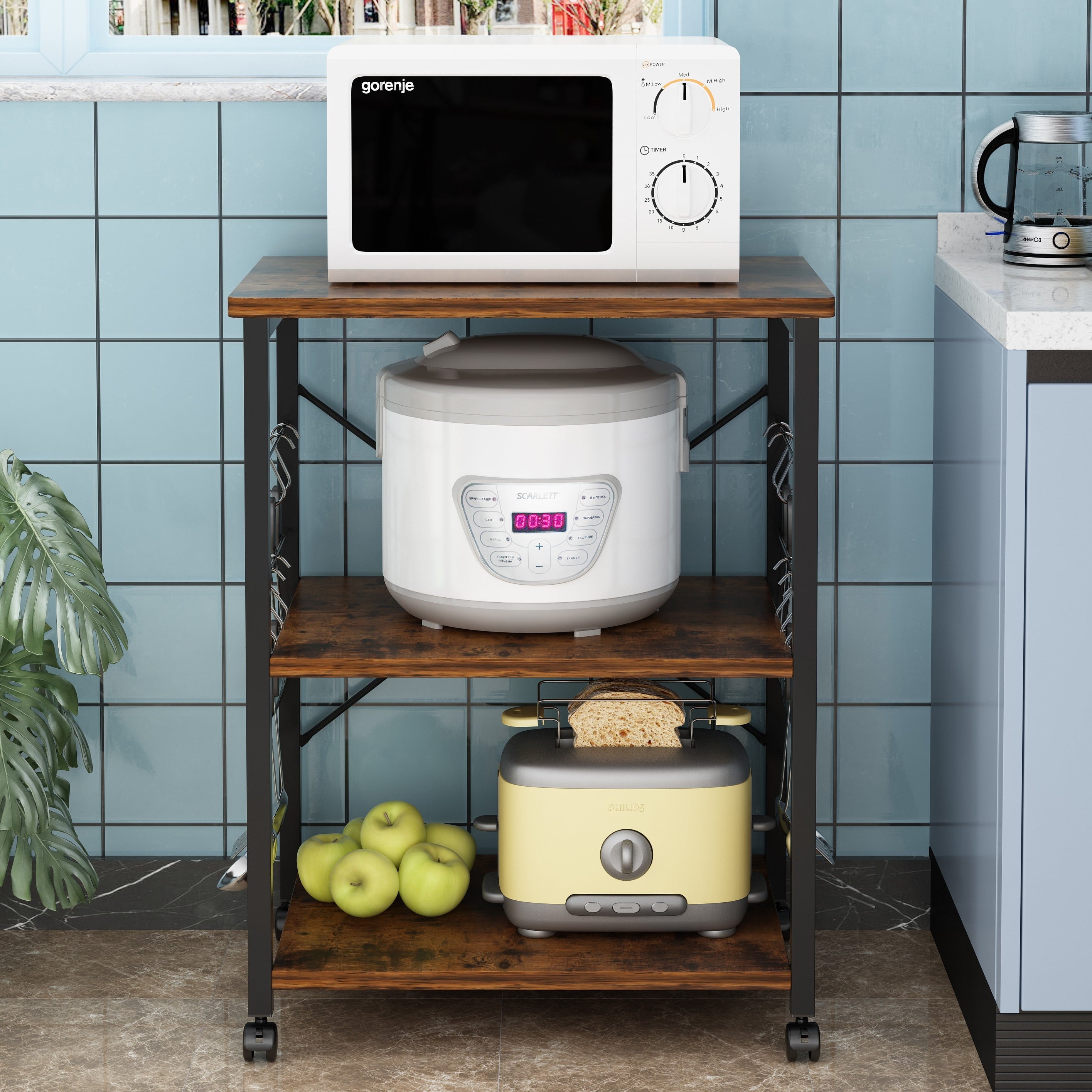 UBesGoo 3-Layer Rolling Kitchen Cart Baker's Rack Microwave Oven Stand Cart Kitchen Utility Serving Cart Coffee Cart Storage Shelf Shelving Unit Organizer, Vintage/Black