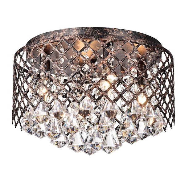 Clara 4-Lights Antique Copper Glam Flush Mount with Lattice Drum Shade and Clear Glass Hanging Crystals