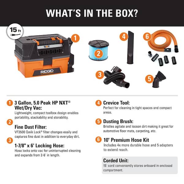 3 Gal. 5.0 Peak HP NXT Wet/Dry Shop Vacuum with Filter, Locking Expandable Hose, Accessories and 10 ft. Premium Hose