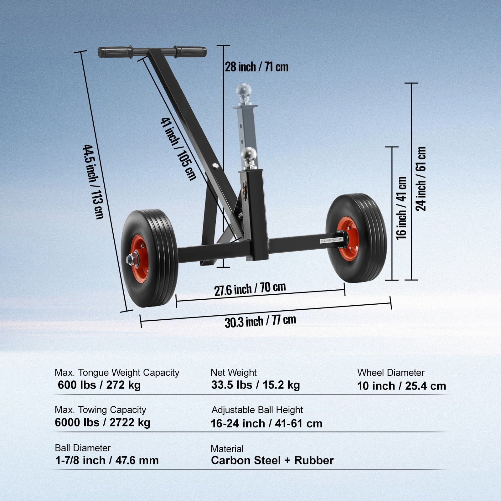 BENTISM Adjustable Trailer Dolly, 600lbs Tongue Weight Capacity, Carbon Steel Trailer Mover with 16''-24'' Adjustable Height, 1-7/8'' Hitch Ball & 10'' Solid Tires
