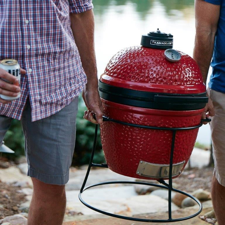 Jr. 13.5 in. Portable Charcoal Grill in Red with Cast Iron Cart, Heat Deflectors and Ash Tool