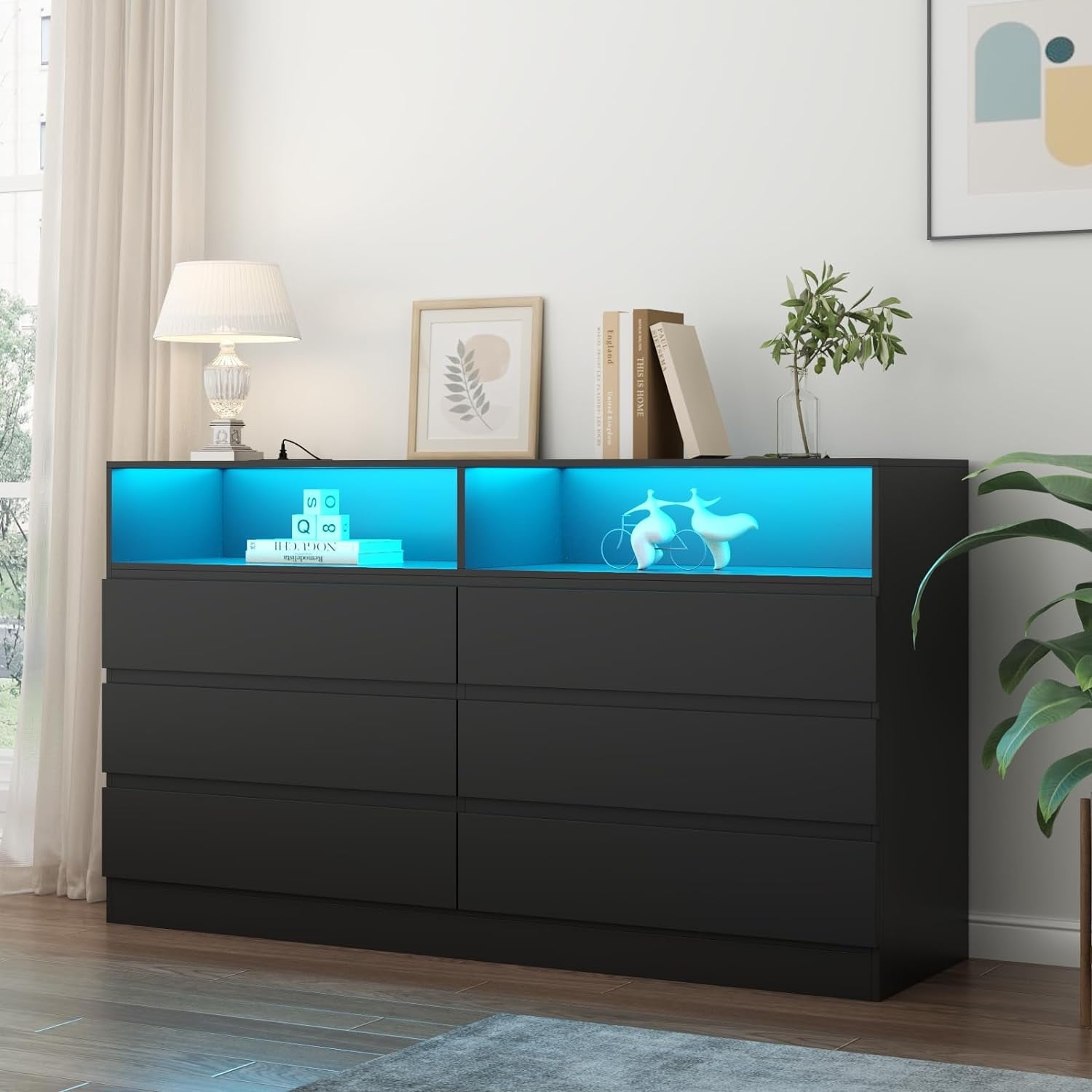 Gyfimoie 6 Drawer Double Dresser with Power Outlet, Accent Chests of Drawers with LED Light