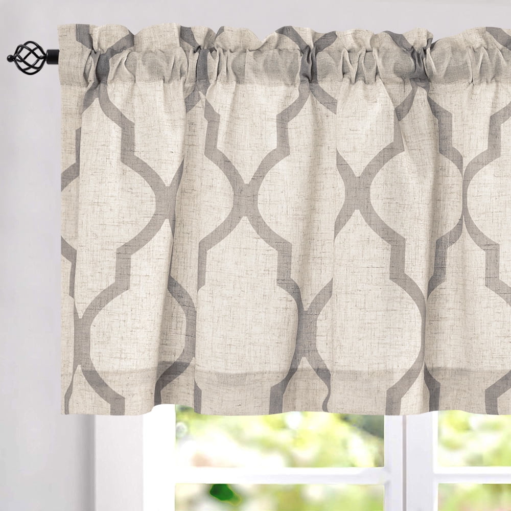 CURTAINKING Kitchen Valance Curtain Moroccan Tile Print Flax Linen Blend Small Window Curtains 16 inch 1 Panel Rod Pocket Grey on Beige