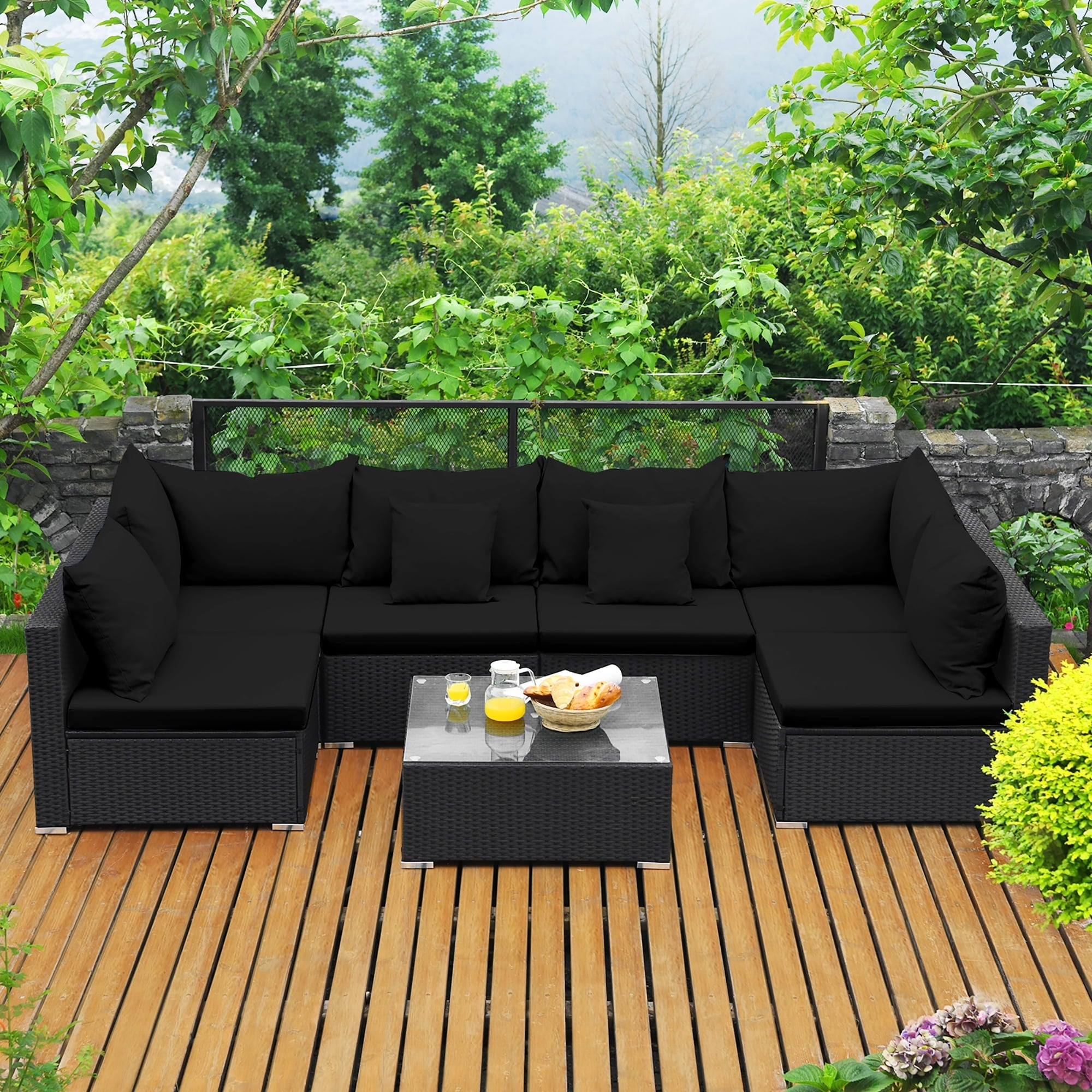 Costway 7PCS Patio Rattan Sofa Set Sectional Conversation Furniture Set Garden Black
