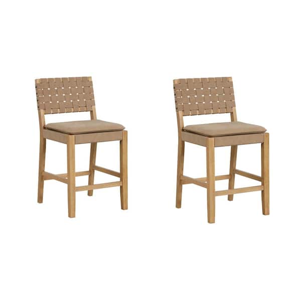 Cohen 24 in. Natural Brown Wood Mid-Century Faux Leather Counter Height Bar Stool, with Woven Back for Kitchen, Set of 2