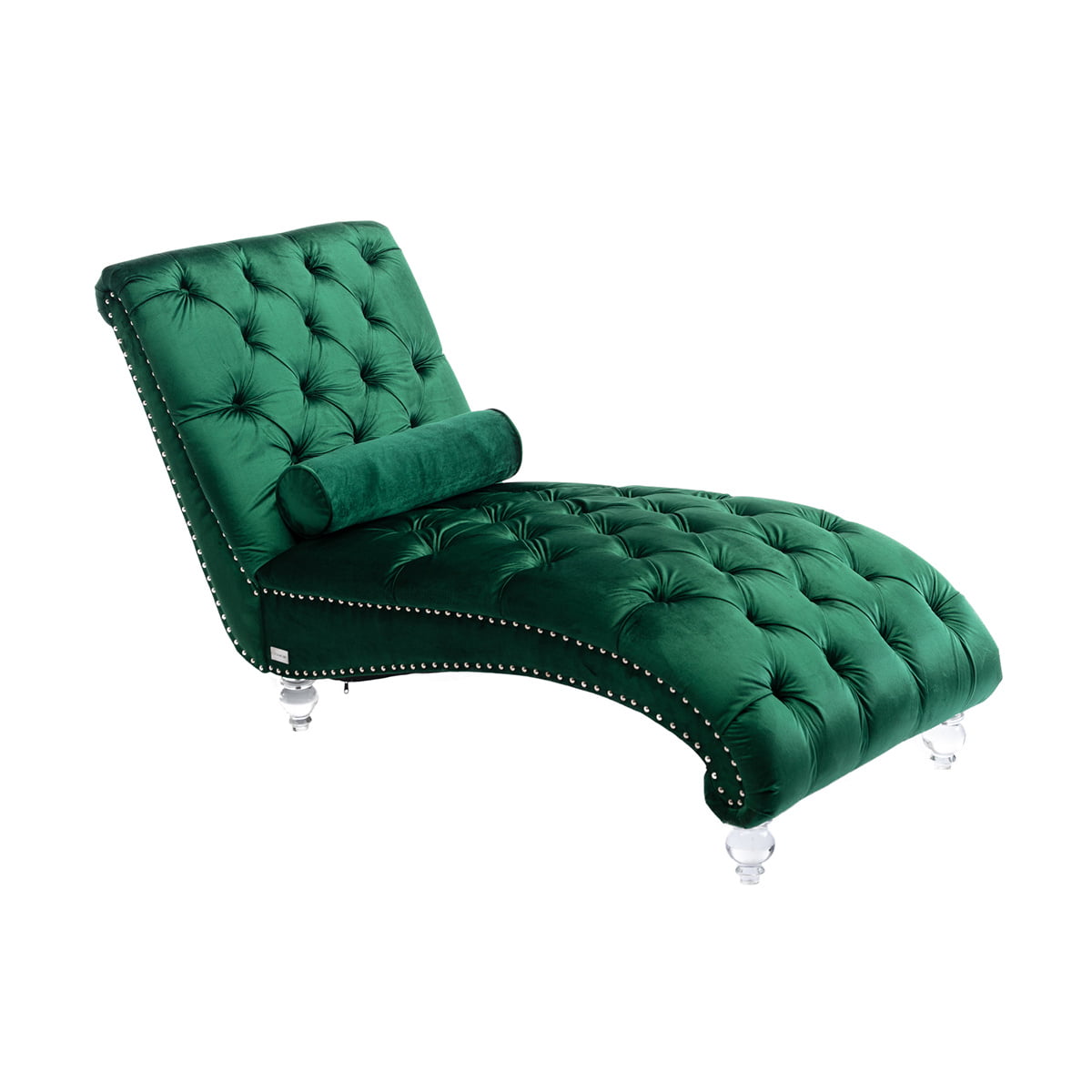 63.38'' Velvet Accent Sofa, Modern Long Lounger Leisure Concubine Sofa with Acrylic Feet & Lumbar Pillow, Chaise Reclining Lounger Barrel Sofa for Office or Living Room, Emerald
