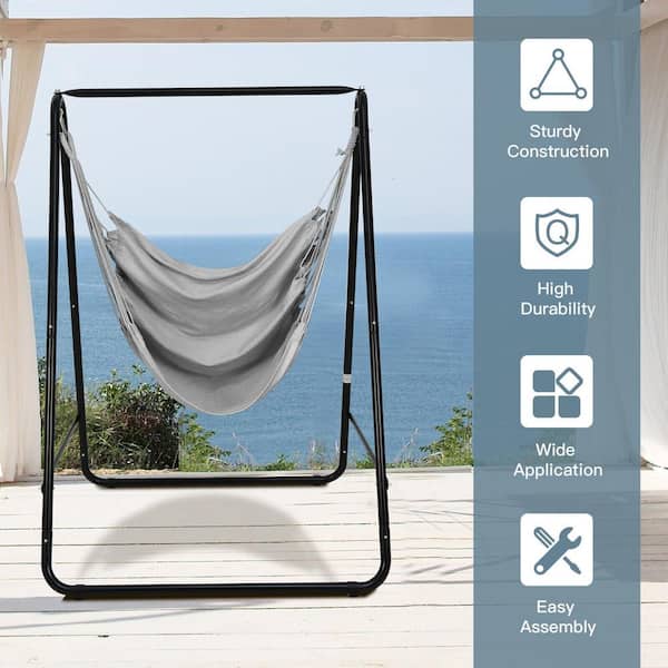 45 in. Free Standing Hanging Padded Hammock Chair with Stand and Heavy-Duty Steel in Gray