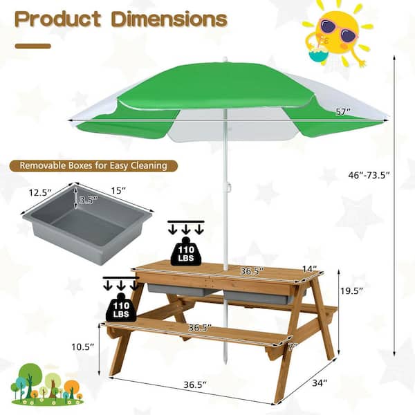 Rectangle Wood Outdoor Picnic Table with Umbrella Play Boxes