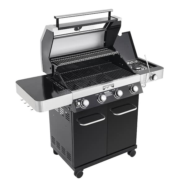 4-Burner Propane Gas Grill in Black with ClearView Lid, LED Controls, Side Burner and USB Light