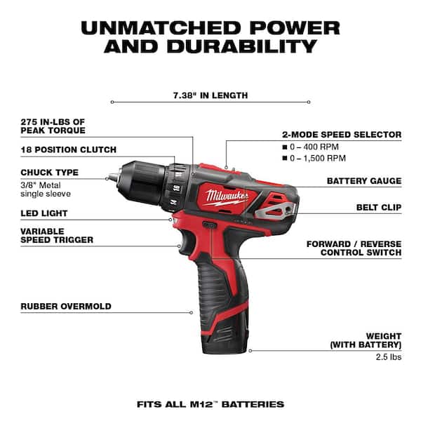 M12 12V Lithium-Ion Cordless 3/8 in. Drill/Driver Kit with Two 1.5 Ah Batteries, Charger and Tool Bag