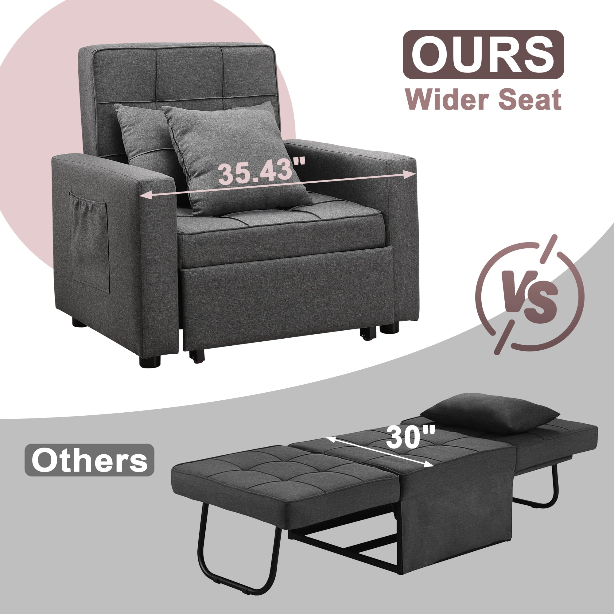 Tolead 3-in-1 Convertible Sofa Bed Sleeper Chair with Adjustable Backrest, Gray