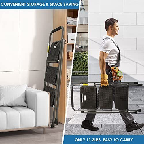 3 Step Ladder Folding Step Stool With Antislip Wide Pedal Convenient Handgrip An