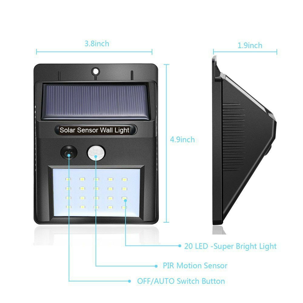 Solar LED Lights Solar Sensor Motion Light 20 LEDs Outdoor Lamp Waterproof 2 Pack