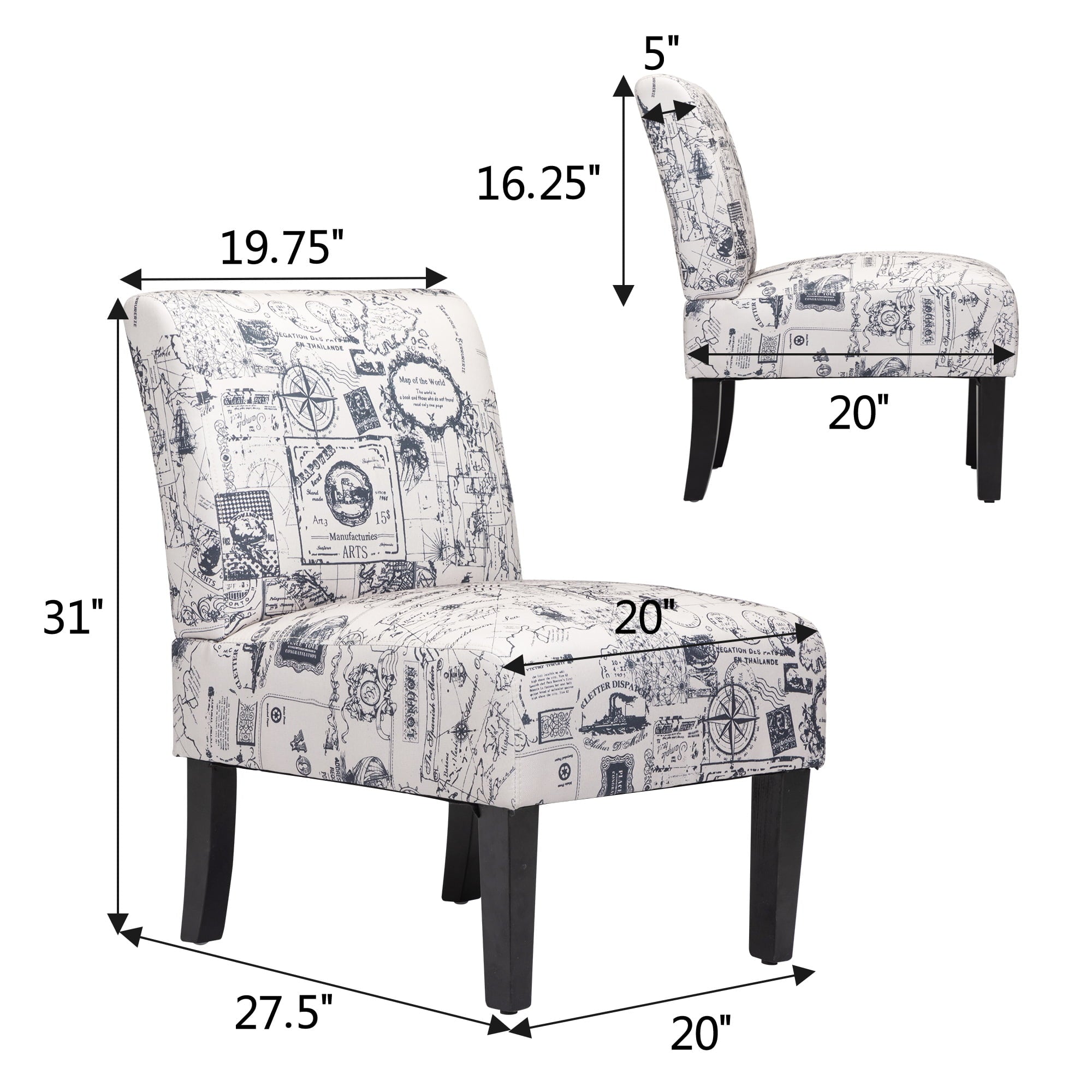 Jaxpety Armless Accent Leisure Chair, Slipper Chair Upholstered Single Sofa, Gray Letter Print