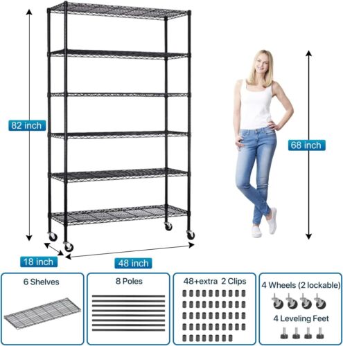6-Tier Metal Shelf Wire Shelving Unit Adjustable Garage Storage Shelves w/Wheels