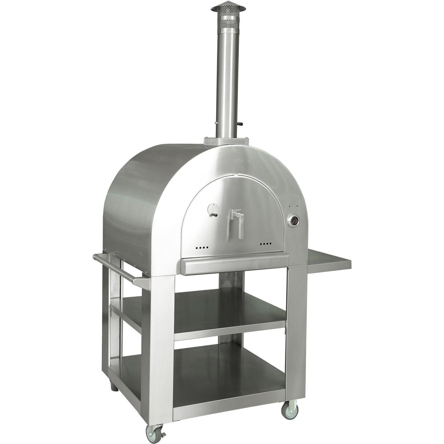 Hanover Portable Outdoor Wood Fired Pizza Oven | Stainless Steel Freestanding Homemade Pizza Maker with Built-In Thermometer, Shelves, Castors, and Ash-Tray