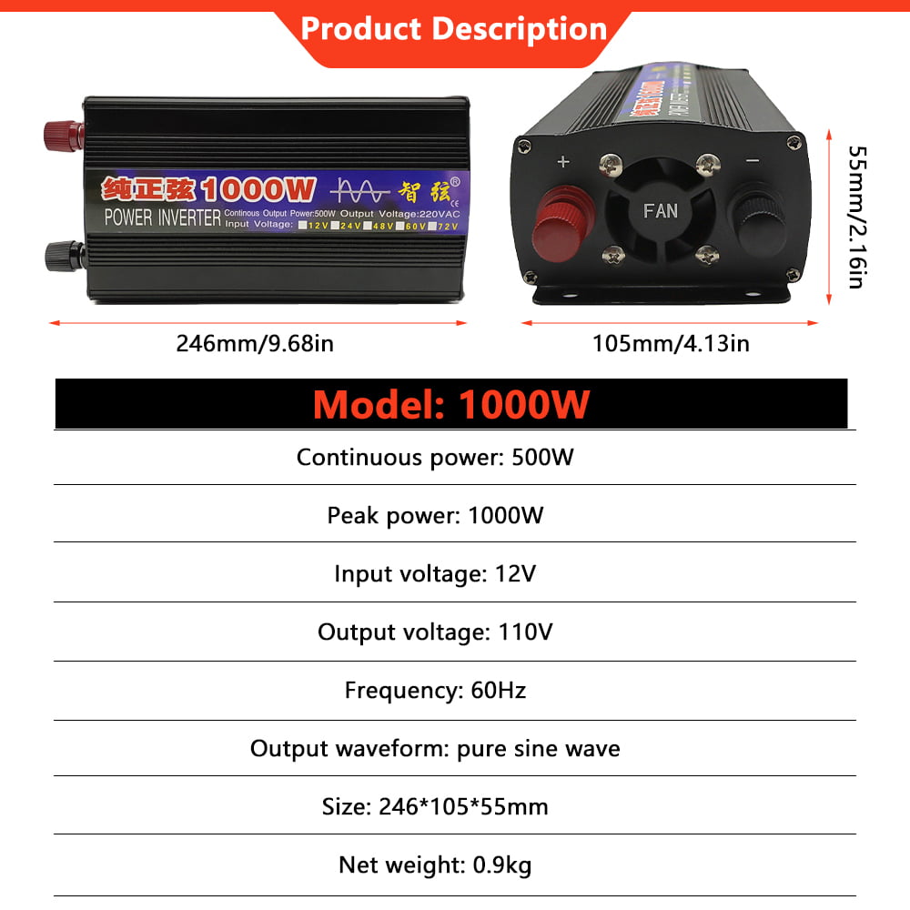 DFITO Car Power Inverter 1000W DC 12V to AC 110V Pure Sine Wave Solar Converter LCD