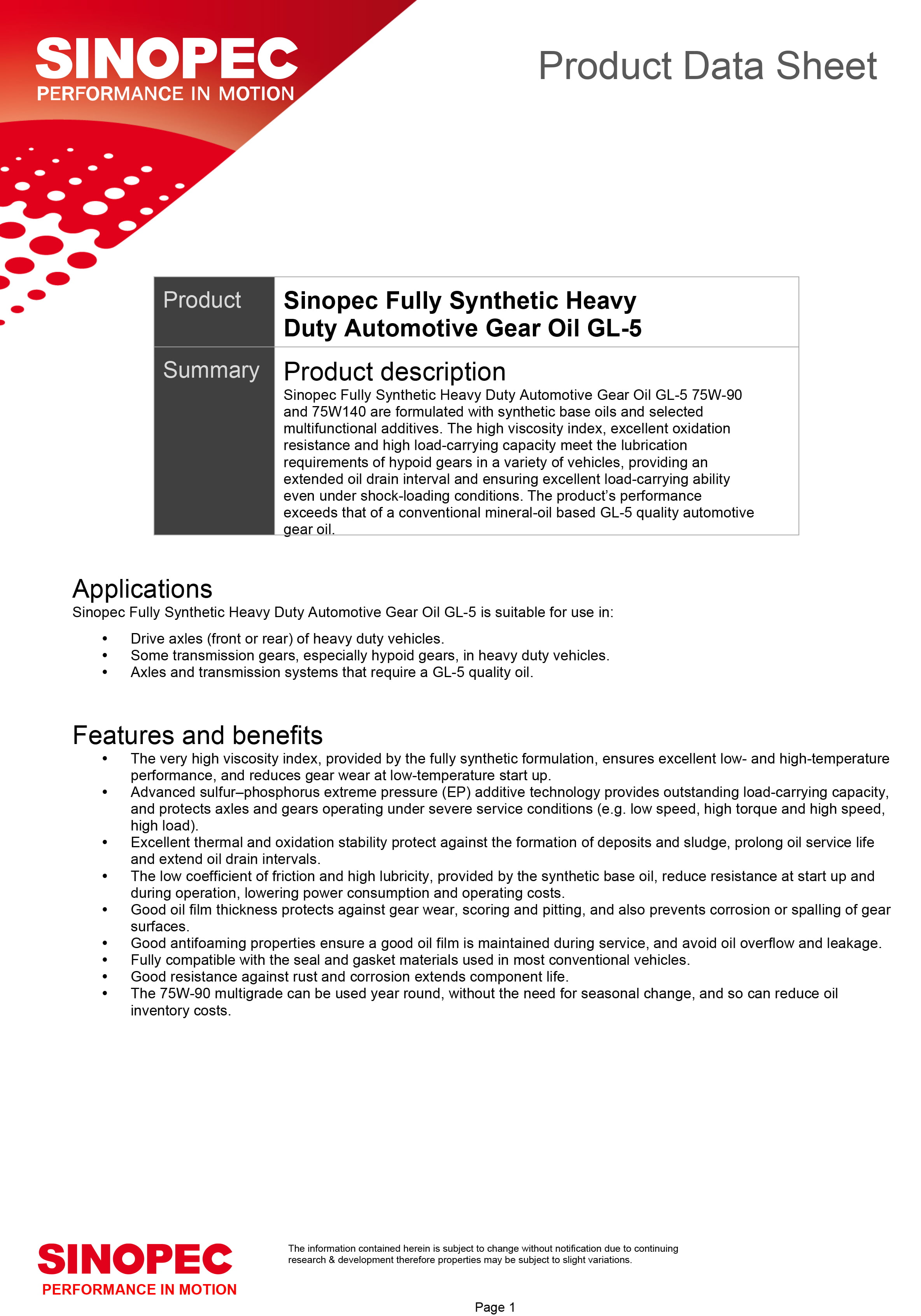 75W90 Synthetic EP Gear Lube  - 5 Gallon Pail (18L - 4.75 GAL)