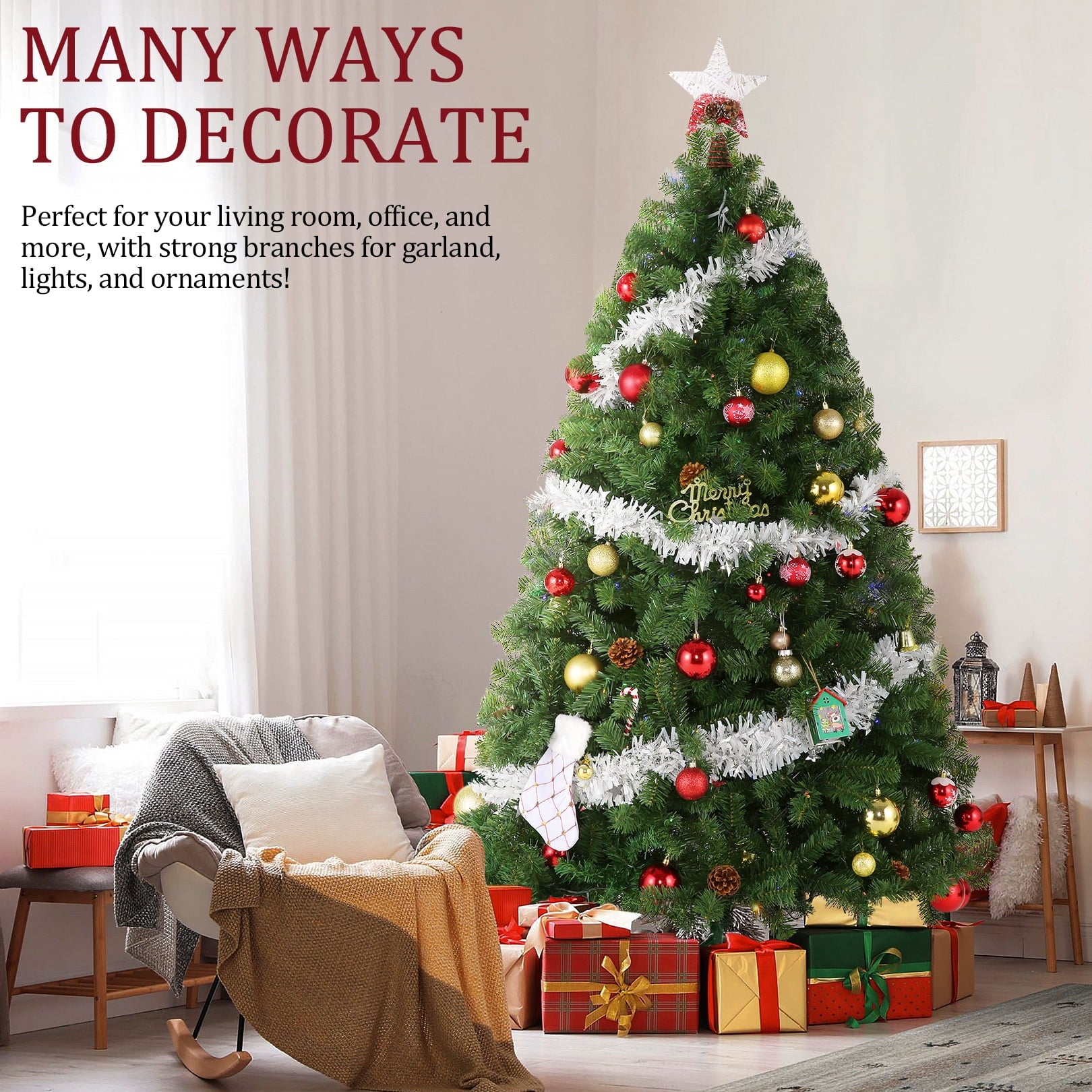 Funcid 6ft Premium Pre-Lit Hinged Artificial Christmas Tree Full Tree with 1477 PVC Branch Tips, 250 Multicolored Lights, 8 Light Sequences, Foldable Metal Stand, Green