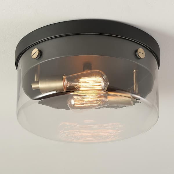 Tayce 13 in. 2-Light Matte Black Flush Mount Ceiling Light with Clear Glass Shade